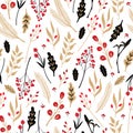 Laurel leaves and spruce twigs Christmas seamless pattern